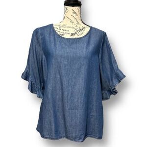 Tres Jolie L Blue Chambray Denim Look Ruffle Sleeve Blouse Boho Feminine Top NWT